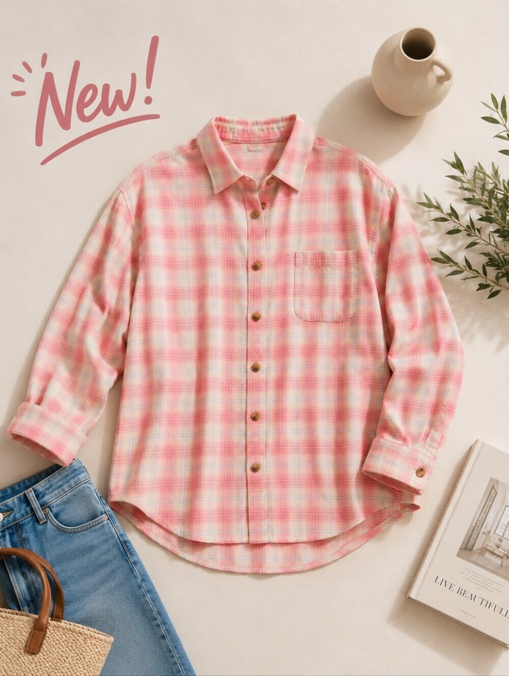 New! American Eagle Soft Coral Plaid Flannel Shacket Button Down - Picture 7 of 7